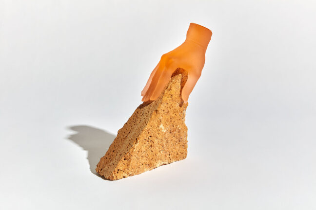 <p>Kelly Akashi, <i>Wedged Life Forms</i>, 2021. Travertine, cast lead crystal. Courtesy of the artist; Tanya Bonakdar Gallery, New York; and François Ghebaly Gallery, Los Angeles.</p>

