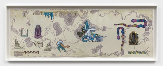 <p>Guadalupe Maravilla (b. 1976). <em>Double Guadalupe Drawing</em>, 2022. Ink and paint on inkjet print, embroidered beads, obsidian, amethyst. Courtesy of Guadalupe Maravilla and P·P·O·W, New York. © Guadalupe Maravilla. Photo: JSP Art Photography. </p>
