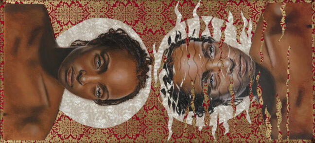 <p>In the <em>Saints </em>series, Marin Burnett reflects on her experience as a Black woman in America. Burnett challenges the distorted and fragmented images of Black women through a societal lens, drawing a parallel to how light refracts around an object as it moves through water. <em>Refracted Saint No. 1 </em>envisions the differences between how Black women view themselves and the ways others see them. The work depicts a Black female body as a “whole saint” adorned with only a halo. Set against a vibrant gilded background, she occupies space with her refracted reflection in water. “As we pass through an intolerant society, our image is distorted, our light and our sainthood refracted – but we are somehow still whole,” Burnett has explained. “Real saints are not gilded, they are pained, flawed, and beautiful people.”&nbsp;&nbsp;</p>

<p><p>Image: Marin Burnett, <em>Refracted Saint No. 1, 2019</em></p></p>
