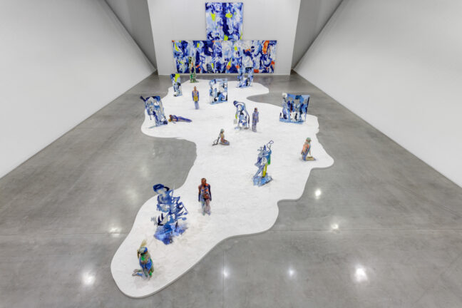 <p>Donna Huanca,&nbsp;<i>Obsidian Ladder&nbsp;</i>[documentation of performance, June 28 – December 1, 2019, Marciano Art Foundation, Los Angeles]. Courtesy of the artist, Marciano Art Foundation, Los Angeles, and Peres Projects, Berlin. Photo: Joshua White.</p>
