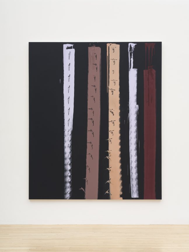 <p>Tala Madani (Tehran, Iran b. 1981). <em>Film Fall.</em> 2024. Oil on linen. Courtesy of the artist. [Installation view of <em>Tala Madani: Be Flat</em>, Henry Art Gallery, University of Washington, Seattle. 2024] Photo: Jueqian Fang.</p>

