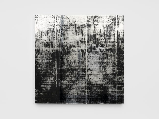<p>Carrie Yamaoka. <em>36 by 36 (small bubble)</em>. 2015. Reflective polyester film, urethane resin, and mixed media on wood panel. Henry Art Gallery, purchased with funds donated by Nancy Grover, 2020.4. [Installation view of <em>Shifting Grounds: Recent Acquisitions in the Henry Collection</em>, Henry Art Gallery, University of Washington, Seattle. 2025]. Photo: Jueqian Fang.</p>
