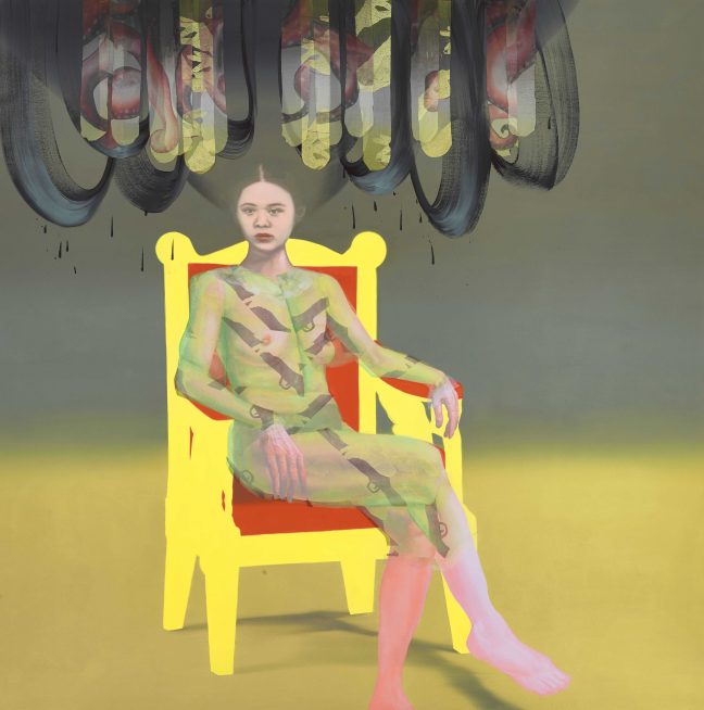<p>Lien Truong (b. 1973, Saigon, Vietnam; lives and works in Chapel Hill, NC), <em>The Crone</em>, 2022.Oil, silk, acrylic, chiffon, and oil-bronze pigment on canvas. Cantor ArtsCenter, Stanford University, Aey Phanachet and Roger Evans Fund for Contemporary Southeast Asian Art, 2023.1. © Lien Truong.</p>
