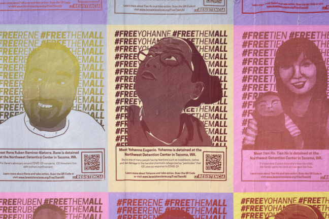 <p>Installation detail of&nbsp;<em>Free Them All: Portraits from La Resistencia</em>, 2020, Henry Art Gallery, University of Washington,&nbsp;Seattle. Photo: Ian Siporin.</p>
