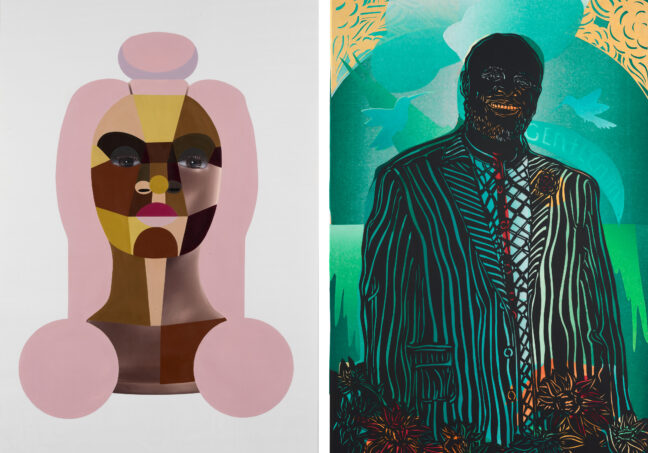 <p>Images:&nbsp;Derrick Adams, <em>Style Variation 14, </em>2019. Acrylic paint on digital photograph inkjet on watercolor paper. Courtesy of Salon 94 LLC, New York.&nbsp;Barbara Earl Thomas, <i>Gentleman</i>, 2021. Paper cut with hand printed color. Courtesy of the artist and Claire Oliver Gallery, New York. Photo: Zocalo Studios ~ Spike Mafford.</p>
